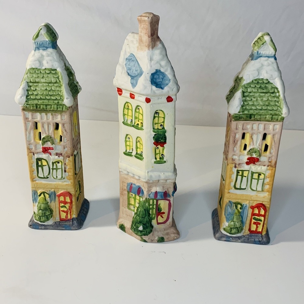 Ceramic Christmas Village Pencil House Tall Building Candle/string Light‎ Up (3)
